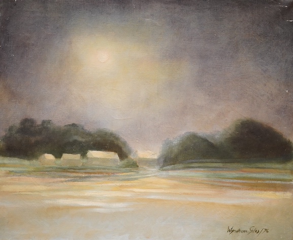 Wyndham Edwin George Giles, two oils, one on board, Moonlit and sunset landscapes, each signed and dated, one unframed, 50 x 61cm. Condition - fair